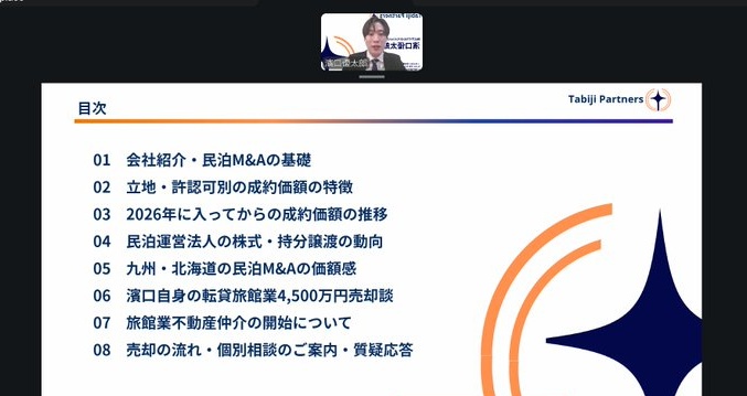 ウェビナー当日の画面(目次スライドと登壇する代表の濱口優太郎)